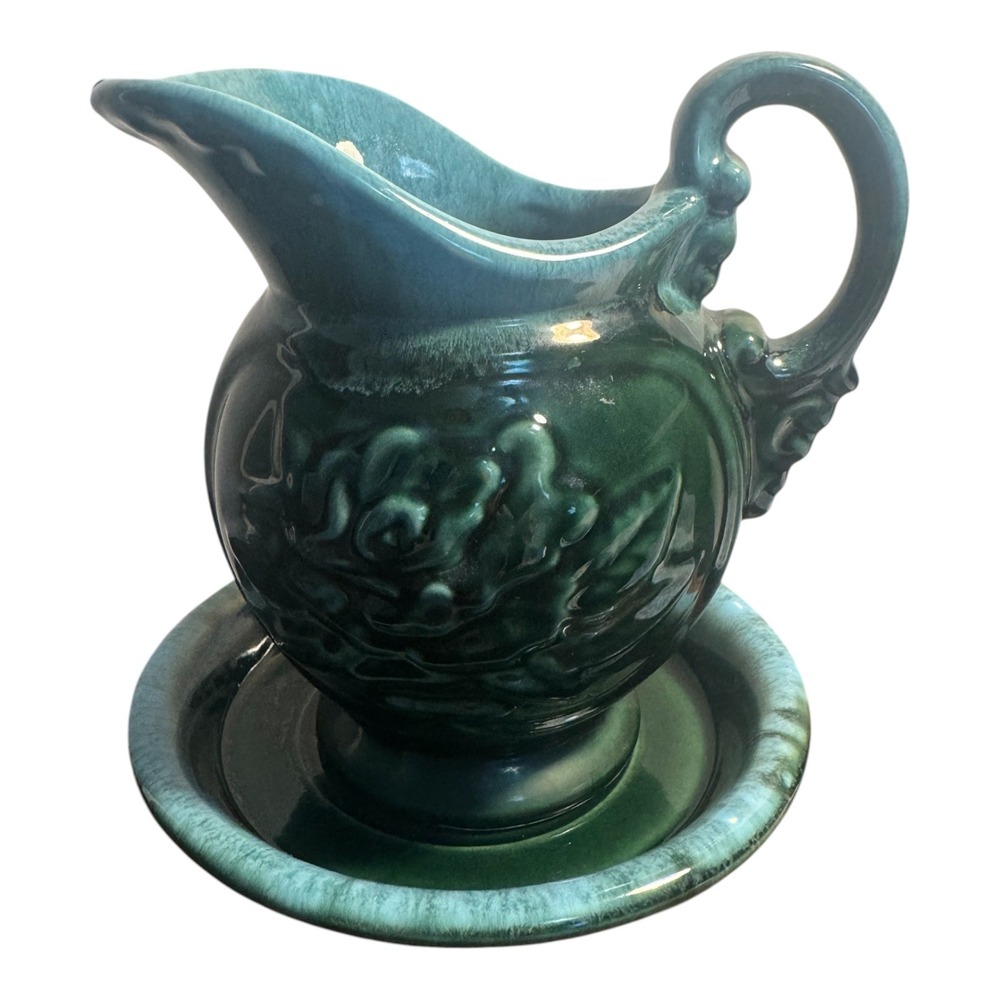 VTG Hull Green Turquoise Ceramic Pitcher & Basin Set Rose Floral Drip Glaze 8in